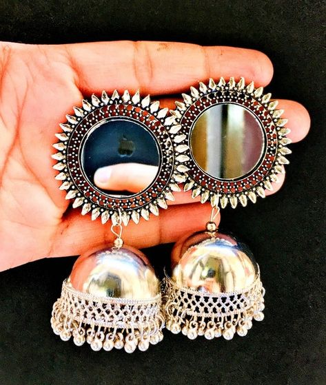 Afghani Jhumka, Mirror Jhumka, Oxidised Jhumka, Black Metal Jewelry, Silver Jhumkas, Earrings To Make, International Courier Services, Silver Jewelry Accessories, Indian Jewelry Earrings