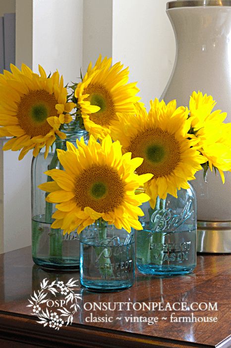 Sunflowers in Blue Ball Jars | Fun ways to add sunflowers to your decor! Blue Ball Jars, Frozen Fever Birthday, Frozen Fever Party, Sunflower Party, Sunflower Kitchen, Frozen Fever, Yellow Decor, Blue Ball, Farm Party