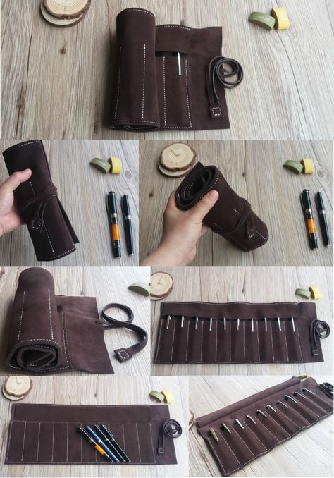 DIY Pencil Case - Genuine Leather Roll Up Pen Pencil Case, Back to school will be more fun if you have a new pencil place. You can make your own DIY pencil case. You do not have to buy in the store to get it. Pencil Case Leather Design, Make Pencil Case, Pencil Case Ideas, Pen Case Diy, Pencil Case Diy, Leather Pencil Roll, Roll Up Pencil Case, Pencil Case Design, Cool Pencil Cases