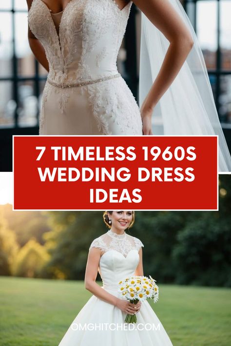 Looking for the perfect wedding dress that screams vintage charm? Check out these 7 gorgeous 1960s style wedding dress ideas! Each dress captures the elegant vibe of that fabulous era. From beautiful mermaid silhouettes to adorable lace details, there's something for every bride! Whether you're all about that classic look or adoring the unique styles of the '60s, these dresses will make you feel special on your big day. Don't miss these ideas and follow us for more inspiration that keeps the love alive! 60s Wedding Aesthetic, 60s Bride, Vintage Wedding Dress 1940s, 1960 Wedding Dress, Vintage Wedding Dress 1920s, Wedding Tent Lighting, 1960s Wedding Dresses, Hibiscus Wedding, 1960s Wedding Dress