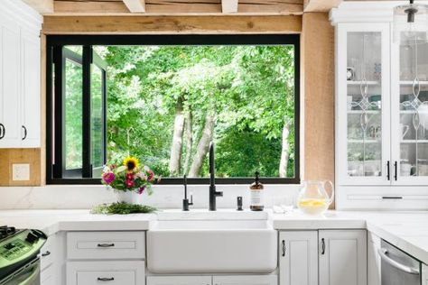 White Kitchen With Black Pass Through Window | HGTV Pass Through Window Kitchen, Kitchen Pass Through Window, Kitchen Pass Through, Kitchen Pass, Pass Through Window, Window Kitchen, Hampton Home, Black Cabinet Hardware, Cottage Style Kitchen