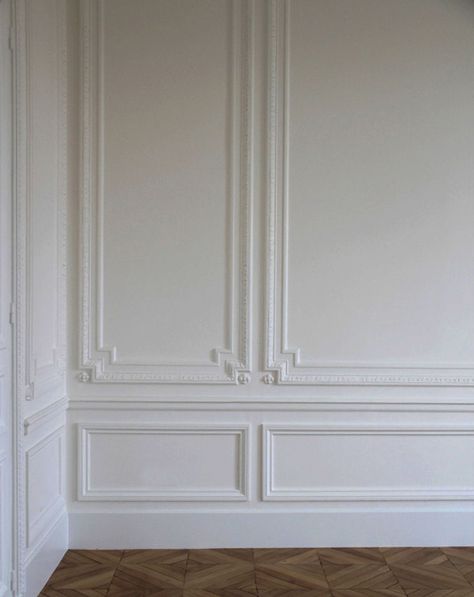 Classic architectural wall embellishments featuring decorative wall panels, chair rail and baseboard molding; paneled wall ideas; wall paneling Architectural Wall Panel, French Country Rug, False Ceiling Living Room, Baseboard Molding, French Walls, Panel Moulding, Wall Trim, Decorative Wall Panels, Decorative Mouldings