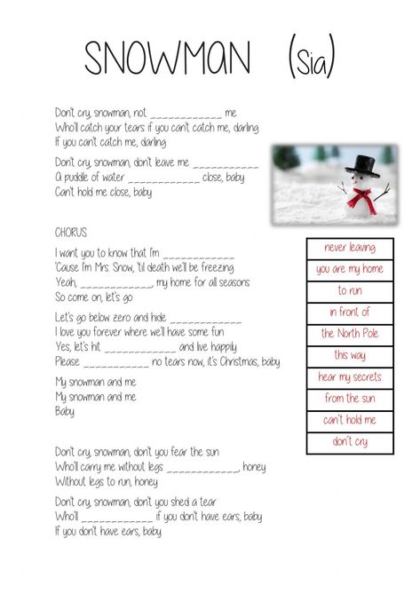 Snowman (Sia) SONG worksheet Esl Songs Worksheets, Song Lyrics Worksheet, Snowman Sia Lyrics, Lyrics Worksheet, Snowman Worksheet, Songs Listening, Song Listening, Snowman Sia, Snowman Song