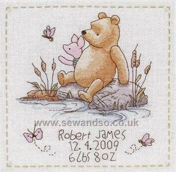 Sally Annie Magundy: HELP! Winnie the Pooh cross stitch pattern ... Nursery Cross Stitch Patterns Free, Cross Stitch Baby Announcement, Cross Stitch Birth Announcement, Vintage Pooh, Baby Cross Stitch, Birth Sampler, Classic Pooh, Disney Cross Stitch Patterns, Baby Cross Stitch Patterns