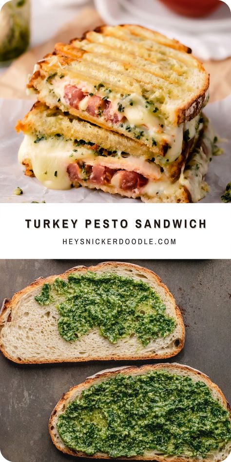 This sandwich is loaded with pesto, melty fontina cheese, piled high with delicious slices of turkey and tomato and then grilled or toasted until it is a perfect golden brown. It has got tons of flavor and is a great lunch or dinner choice! Turkey Pesto Sandwich, Pesto Panini, Turkey Pesto, Pesto Sandwich, Fontina Cheese, Easy Turkey, Lost 100 Pounds, Health Dinner Recipes, Basil Pesto