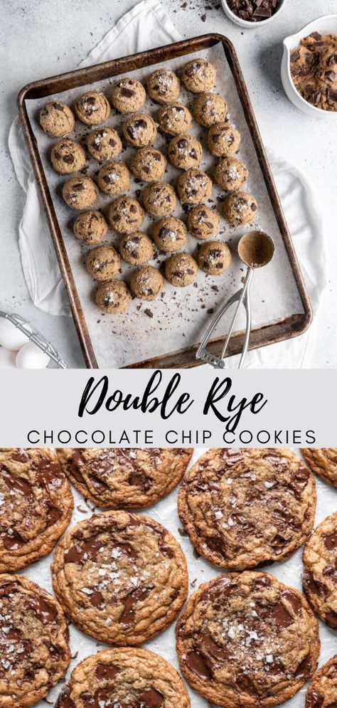 A different take on your classic cookie, these Double Rye Chocolate Chip Cookies are unmatched in flavor! The Rye flour adds a slightly earthy flavor to your classic chocolate chip cookie, while simultaneously boosting the chewiness! The Rye Whiskey adds a almost peppery undertone within the cookie, perfectly complimenting the earthiness from the rye flour. #doubleryechocolatechipcookies#rye#ryecookies#ryechocolatechipcookies#chocolatechipcookies#whiskey#cookies#chocolatechunkcookies#ryeflour Rye Chocolate Chip Cookies, Cookie Dough Whiskey, Dough Photography, Whiskey Cookies, Homemade Chocolate Chip Cookies Recipe, Homemade Cookie Dough, Cookie Recipes From Scratch, Cookie Recipes Chewy, Dessert Cafe