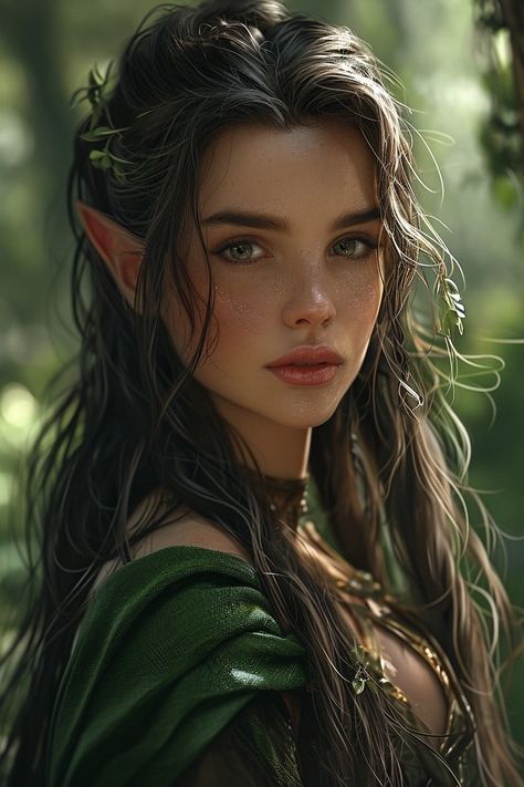 Forest Fairy Character Design, Brown Haired Elf Female, Woodland Elf Aesthetic, Elf Woman Art, Elf Warrior Female, Fae Female, Female Elf Warrior, Brunette Fairy, Elven Goddess