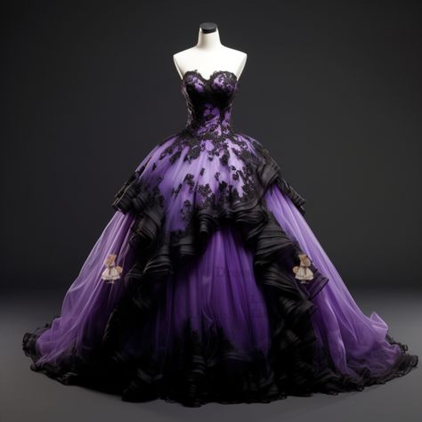 Dark Purple Wedding Dress The Bride, Black And Purple Quinceanera Dresses, Purple And Black Wedding Dress, Dark Purple Quinceanera Dresses, Black And Purple Wedding Dress, Layla Aesthetic, Dark Purple Gown, Dresses Sketches, Gothic Ball Gown