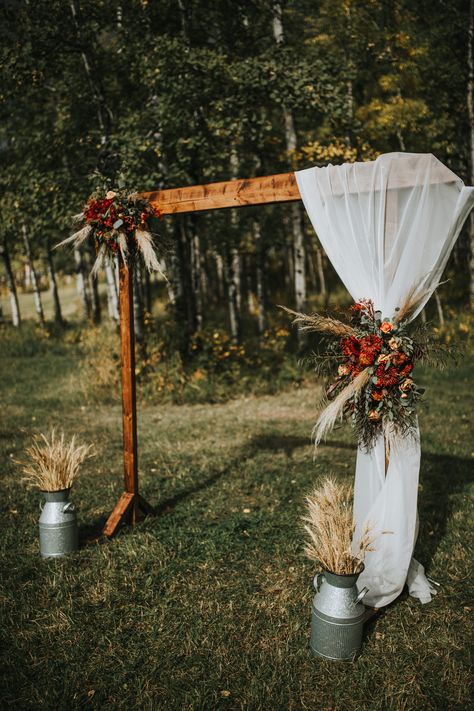 Fall, Boho and rustic arch! Wood Wedding Arch With Flowers, Boho Arch Decoration Wedding, Wood Alter Wedding, Western Wedding Arch Rustic, Boho Western Wedding Ceremony Decor, Country Wedding Arches Rustic, Wedding Arch Western, Rustic Arbor Ideas, Cheap Wedding Arch Ideas