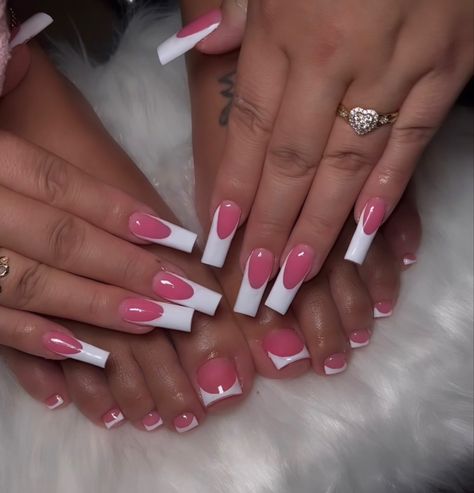 Acrylic With Glitter, Pink Pedicure French Tip, Deep French Nail Designs, Pedicure Manicure, Pink French Tips Pedicure, Pink French Tip Nails And Toes, Manicure And Pedicure Ideas, Dark Pink Acrylic Nails, Pedicure Nails Ideas