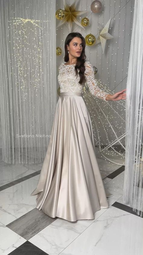 Satin wedding dress with long sleeves Glitter bridal gown A-line bridal dress Glitter dress Skirt with train and pockets Custom dress Bridal Satin Dress, Wedding Dress With Long Sleeves, Wedding Dress A Line, Glitter Wedding Dress, Dress Glitter, A Line Bridal Gowns, Soiree Dress, Custom Dress, Indian Gowns Dresses