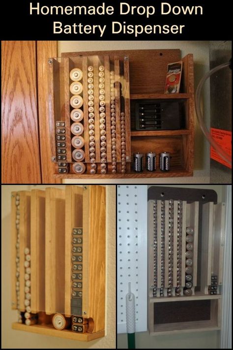 Organize and store your batteries with this easy-to-make battery dispenser! Wooden Battery Storage, Battery Holder Wood, Battery Storage Organizers, Battery Organizer Diy, Diy Battery Storage, Battery Storage Ideas, Battery Organization, Battery Dispenser, Workspace Organization