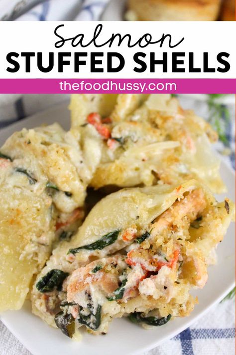 Salmon Stuffed Shells Recipe, Stuffed Shells Salmon, Salmon Stuffed Shells, Stuffed Salmon Shells, Stuffed Salmon Pasta, Salmon And Shrimp Stuffed Shells, Salmon Stuffed Pasta Shells, Salmon Ricotta Recipes, Salmon Alfredo Stuffed Shells