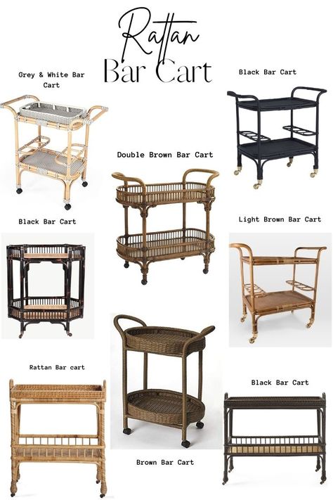 Bamboo Bar Cart, Rattan Bar Cabinet, Colonial Living Room Ideas, Rattan Accessories, Black Bar Cart, Painted Rattan, Rattan Bar Cart, Bar Console, Rattan Bar