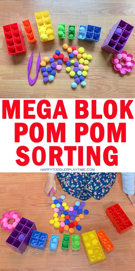 Mega Blok Pompom Sorting - HAPPY TODDLER PLAYTIME Colour Sorting Activities, Color Sorting Activities, Sorting Colors, Cognitive Activities, Pom Crafts, Preschool Colors, Fine Motor Skills Activities, Motor Skills Activities, Pom Pom Crafts