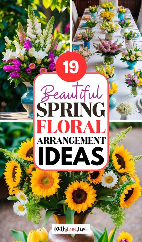 Freshen up your space with these gorgeous spring floral arrangement ideas! 🌼🌿 From bright centerpieces to elegant bouquets, these ideas will add the perfect pop of color. Perfect for any occasion! Save this pin for your next floral design inspiration! 📌💐 Spring Time Floral Arrangements, Large Spring Floral Arrangements, February Flower Arrangements, Filler Flowers For Arrangements, Faux Floral Arrangements Diy, Simple Flower Arrangements For Table, Farmhouse Flower Arrangements, Flower Arrangements For Table, Spring Centerpiece Ideas