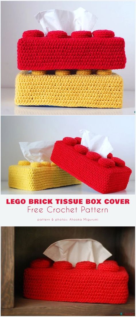 Crochet Lego Blocks Free Patterns Crochet Lego Tissue Box Cover, Lego Tissue Box Cover Bricks, Cute Crochet Tissue Box Cover, Crochet Around The House, Crochet Present Box Pattern, Tissue Box Crochet Pattern Free, Crochet Remote Cover, Useful Crochet Gift Ideas, Crochet Gift Box Free Pattern