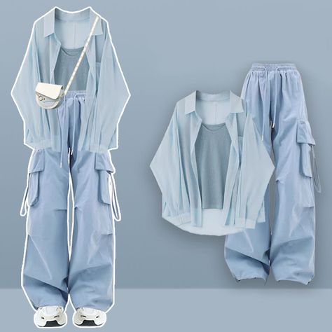 Two Pieces Top Cargo Pants Top Cargo Pants, Kawaii Swimsuit, Dark Academia Clothing, Style Kawaii, Blue Two Piece, Cargo Pants Outfit, Cottagecore Fashion, Kawaii Dress, Cardigan Top