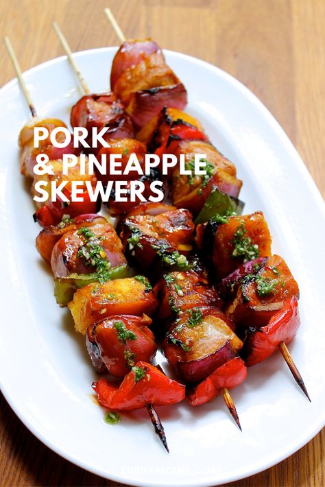 Pork Chop Skewers, Pork Loin Kabobs, Pork Pineapple Kabobs, Pineapple Steak Kabobs, Grilled Pork And Pineapple Recipes, Grilled Entrees, Pork And Pineapple Kabobs, Pineapple Bbq Chicken Kabobs, Grilled Pork Skewers