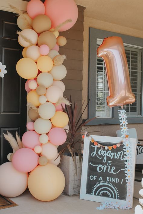 Muted Rainbow First Birthday Party Muted Rainbow Party Decor, Rainbow First Birthday Party, Rainbow Themed First Birthday Party, First Birthday Rainbow, Boho First Birthday Girl, Baby Girl 1st Birthday Party Themes, Boho Rainbow Birthday Party, Rainbow First Birthday, Boho Birthday Party