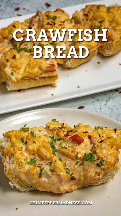 Crawfish Bread served on a plate Cheesy Crawfish Bread, Crawfish Julie Recipe, Cajun Crawfish Bread, Crawfish Stuffed Potatoes, Crawfish Sausage Recipes, Crawfish Mashed Potatoes, Meals With Crawfish Tails, Crawfish Grilled Cheese Sandwich, Razzoos Crawfish Fondue Recipe