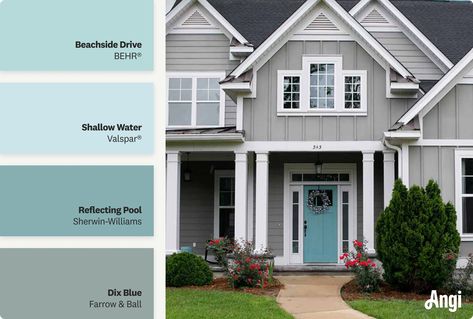 11 Gorgeous Front Door Colors for a Gray House Front Door Color With Repose Gray, Grey Houses With Colored Doors, Teal Front Door Grey House, Turquoise Front Door Gray House, Front Door Color On Gray House, Front Door Color For Gray House White Trim, Door Color For Light Gray House, Light Gray House Front Door Color, Beach House Front Door Colors