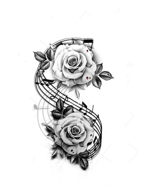 Music Note Tattoo With Flowers, Music Note Rose Tattoo, Music Tattoo Sleeve Woman Design, Thigh Tattoos Women Dream Catcher, Rip Tattoos For Women, Cool Shoulder Tattoos For Women, Musical Tattoos For Women, Simple Tattoo Designs For Women, Yggdrasil Tattoo