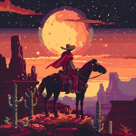 Pixel Cowboy 8-Bit Western Outlaw  by Kaos-Bit | Redbubble Purple Cowboy Aesthetic, Cowboy Pixel Art, Cowboy Aesthetic Art, Western Pixel Art, Pixel Cowboy, Modern Cowboy Aesthetic, Futuristic Cowboy, Outlaw Aesthetic, Western Outlaw