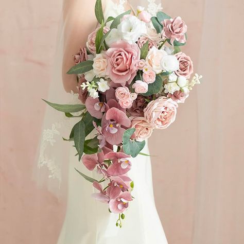 Ling's Moment Dusty Rose Faux Flower Cascading Bridal Bouquet- 15 inch Wedding Shopping List, Dusty Rose Bridal Bouquet, Desert Rose Wedding, Bridal Bouquet Cascading, Dessert Rose, Dusty Pink Weddings, Cascading Bridal Bouquets, Wedding Shopping, Romance Wedding