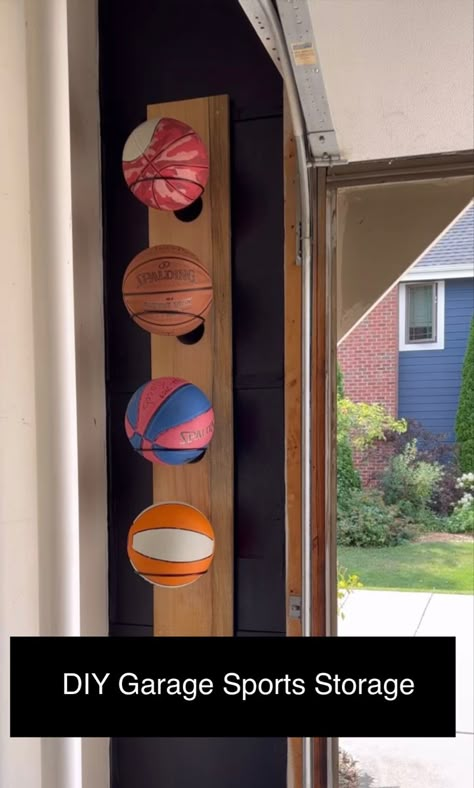 Wall Ball Holder, Baseball Storage Ideas Sports Equipment, Ball Stand Diy, Soccer Ball Storage, Diy Ball Holder Storage, Ball Storage Garage Diy, Sports Equipment Storage Ideas, Ball Storage Ideas, Sports Ball Storage