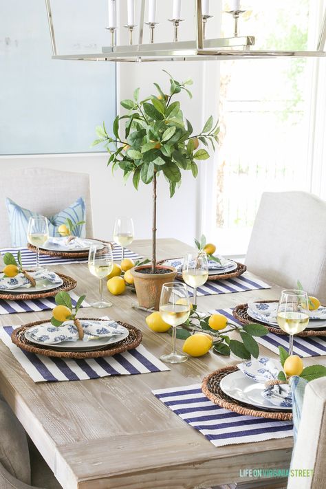 Today I’ve teamed up again with the Styled + Set crew to bring you some summer entertaining ideas! I love this group of bloggers, hosted by Lory from Designthusiasm, because each and every one is super talented and they always leave me feeling inspired! I French Country Dining Room Furniture, Lemon Tablescape, Remodel Checklist, French Country Dining Room, Tafel Decor, Country Dining Rooms, French Country Dining, Lemon Decor, בר מצווה