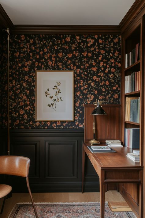 Make your home cozy whatever the season with these dark feminine, dark academia decor ideas and design tips. Office With Floral Wallpaper, Dark Wainscoting With Wallpaper, Home Office Ideas Vintage, Moody Office With Wallpaper, Coffee Nook Wallpaper, Library With Wallpaper, Art Deco Dark Academia, Curated Home Interior Design, Small Office Dark Walls