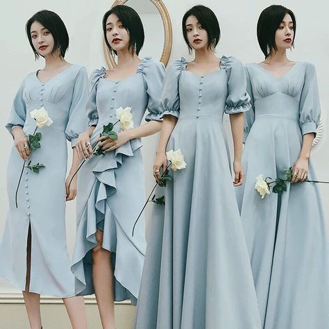 Korean Bridesmaid Dresses, Long Dress Korean Style, Winter Bridesmaid, Sky Blue Bridesmaid Dresses, Mint Bridesmaid Dresses, Winter Bridesmaid Dresses, Cute Dresses For Party, Simple Bridesmaid Dresses, Soiree Dress