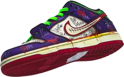 Introducing the Joker Dunk Low custom sneakers by Stomping Ground Customs, paying homage to Heath Ledger's iconic portrayal of the Joker in The Dark Knight. These sneakers feature a mesmerizing design inspired by the character, with a meticulous hand-painted custom smile swoosh. Elevate your style with this unique and edgy footwear, capturing the essence of the Joker's enigmatic charm in every step. Heath Ledger, The Dark Knight, Custom Nikes, The Joker, Custom Sneakers, Dunk Low, Dark Knight, Custom Shoes, In The Dark