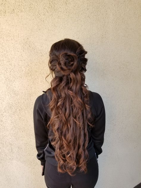 Elaborate Half Up Half Down Hair, Rose Braid Hair Half Up, Rose Half Up Half Down Hair, Victorian Half Up Half Down Hair, Half Up Half Down Braided Bun, Half Up Half Down Hairstyles Messy, Victorian Hairstyles Half Up, Pantomime Makeup, Regal Hairstyles