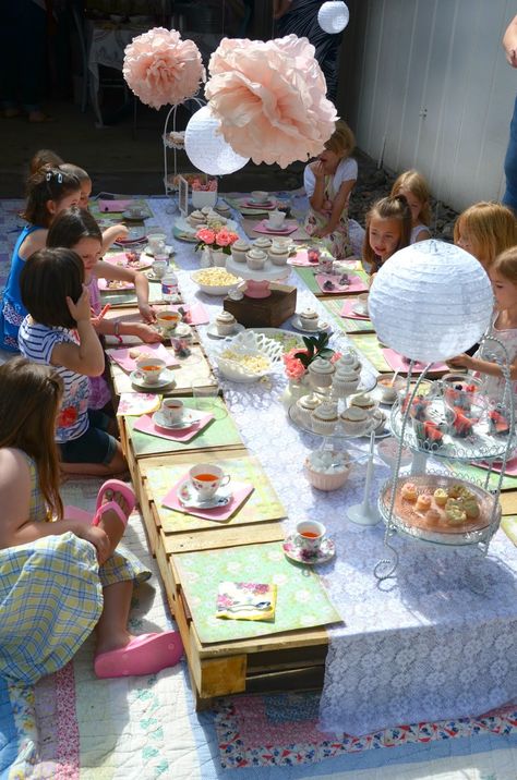 Outdoor tea party pallet table Pallet Tea Party, Kids Tea Party Table, Kids Tea Party Food, Outdoor Tea Party, Outdoor Tea Parties, Kids Tea Party, Tea Party Table, Tea Party Food, Tea Party Dress