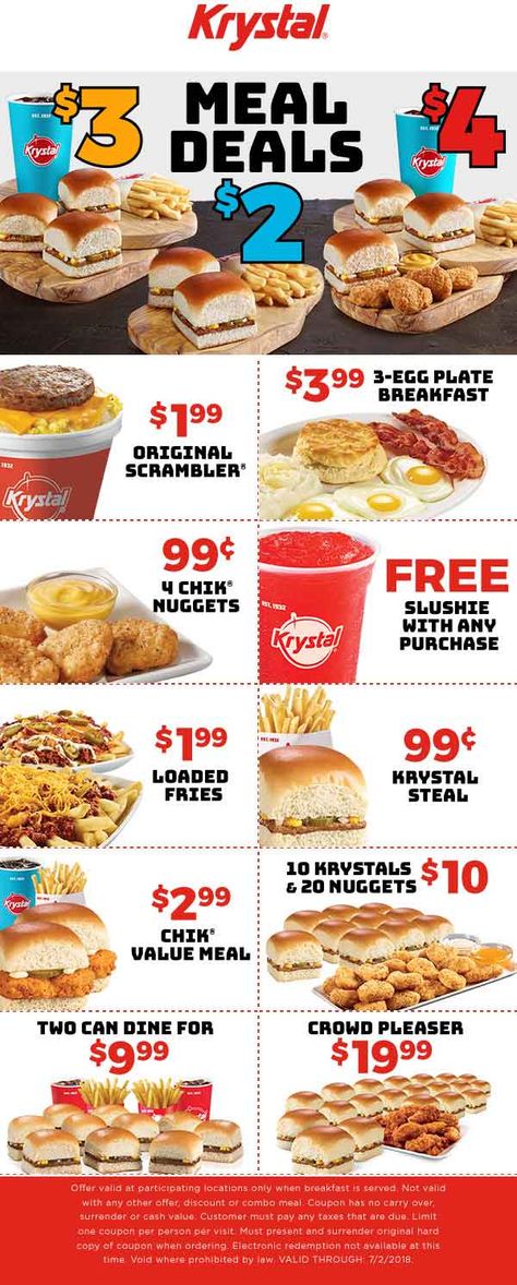 Pinned May 29th: #FREE slushie & more at #Krystal restaurants #TheCouponsApp Krystal Restaurant, Copycat Meals, Restaurant Coupons, Baker Man, Coupon Apps, Food Coupon, Shopping Coupons, Meal Deal, Shopping Deals