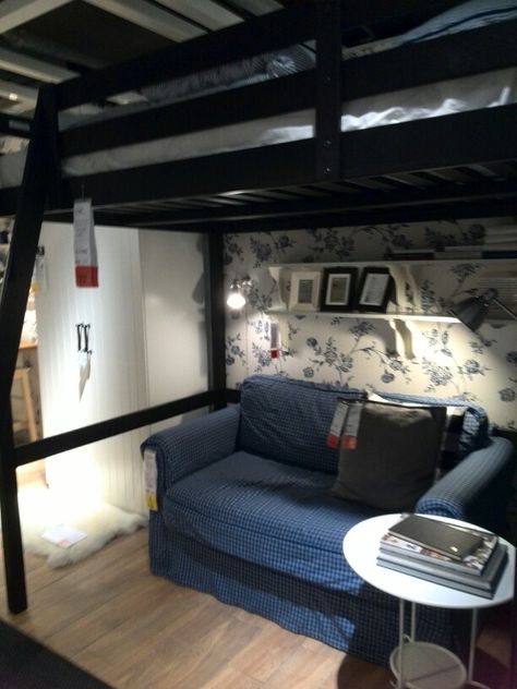 Couch under bunk Bunk Bed Sofa Under, Bunk Bed With Couch Underneath Aesthetic, Loft With Couch Underneath, Bunk Bed Couch Under, Den Under Bed, Couch Under Loft Bed, Bunk Bed Couch, Loft Bed With Couch, Small Room Inspo