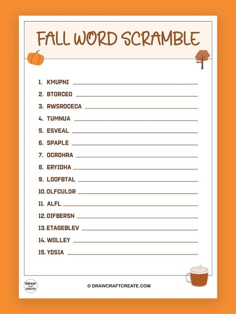 Printable Fall Word Scramble Word Scramble With Answers, Fall Word Scramble, Word Unscramble, Summer Bingo, Word Challenge, Fall Words, Free Printable Activities, Summer Printables, Word Scramble