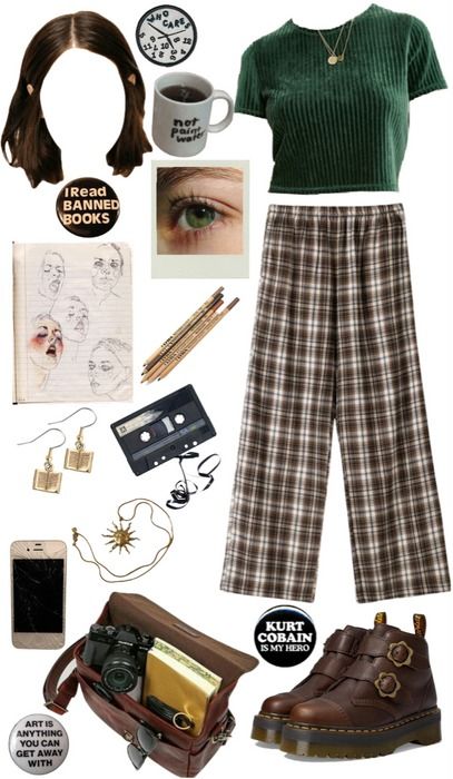 artsy girl Outfit | ShopLook Artsy Girl Outfit, Grunge Academia, Artsy Girl, Mood Clothes, Book Earrings, Artsy Outfit, Short Brown Hair, Woman Drawing, Weekend Style