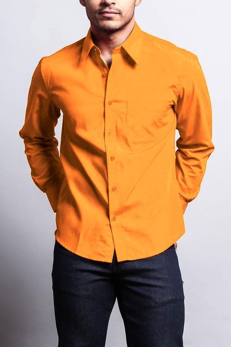 Orange Button Up Shirt Outfit Men, Orange Outfit Men, Orange Colour Dress, Bright Clothing, Orange Dress Shirt, Shirt Outfit Men, Chin Chin, Orange Outfit, Sophisticated Outfits