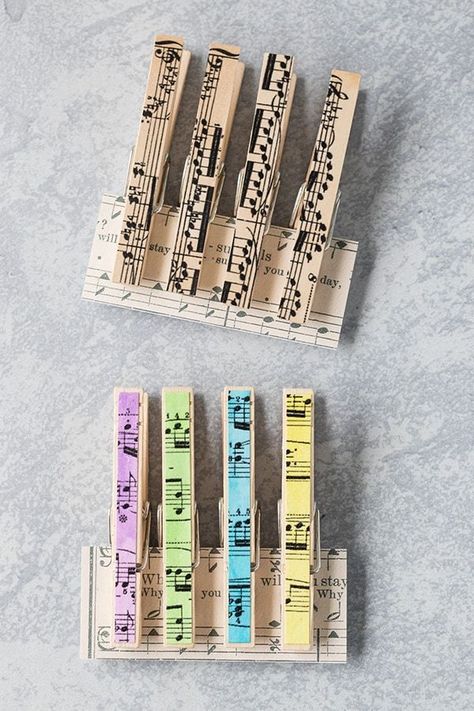 DIY sheet music clothespin magnets are a fun easy craft to make for home decor or a gift. #DIY #sheetmusiccraft #magnets | https://www.roseclearfield.com Sheet Music Decoupage, Music Crafts For Adults, Musical Gift Ideas, Musical Gifts, Music Decorations, Music Gift Ideas, Piano Recital Gifts, Music Gifts Diy, Sheet Music Decor