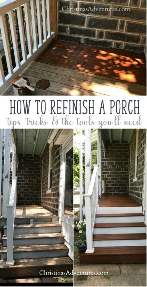 How to refinish a porch - tips tricks and the tools you'll need.  An easy curb appeal project that will only take a few hours to complete, this budget friendly makeover is so simple - anyone can do it! Mobile Home Front Door, Diy Curb Appeal, Front Porch Makeover, Front Door Makeover, Building A Porch, Porch Makeover, Home Improvement Loans, House Front Door, House With Porch