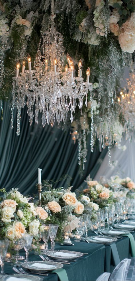 Elegant green and navy blue winter wedding decor with chic floral arrangements and sophisticated themes. Wedding Dark Blue Theme, Green Blue Wedding Theme, Navy Blue Wedding Theme Decoration, Teal And Green Wedding, Green And Blue Wedding Theme, Blue Winter Wedding Ideas, Blue Green Wedding Theme, Blue And Green Wedding Theme, Blue And Green Wedding Colors