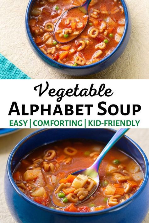 A tomato-based vegetable alphabet soup might just be the thing to introduce younger eaters to the joys of soup. Comfort and nostalgia! #vegansoups | vegan kids recipes | vegan kids meals | vegan alphabet soup | alphabet vegetable soup recipe | vegetable alphabet soup | vegetable soup with alphabet noodles Vegan Kids Meals, Alphabet Noodles, Vegetarian Vegetable Soup, Soup Comfort, Vegetable Noodle Soup, Soups For Kids, Meals Vegan, Soup Vegetable, Vegetable Soup Recipe