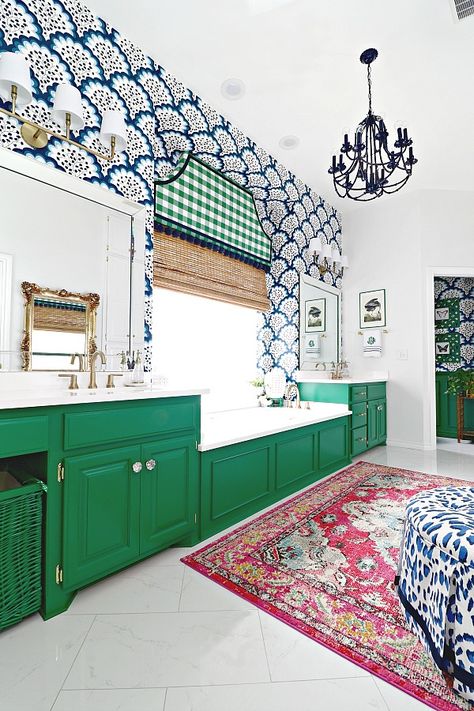 A Look at Grandmillennial Style - Southern Hospitality 1960s Bathroom, Paint Color Guide, Dimples And Tangles, Window Cornices, Bamboo Chandelier, Vanity Makeover, Bathroom Vanity Makeover, Green Interior, Challenge Week