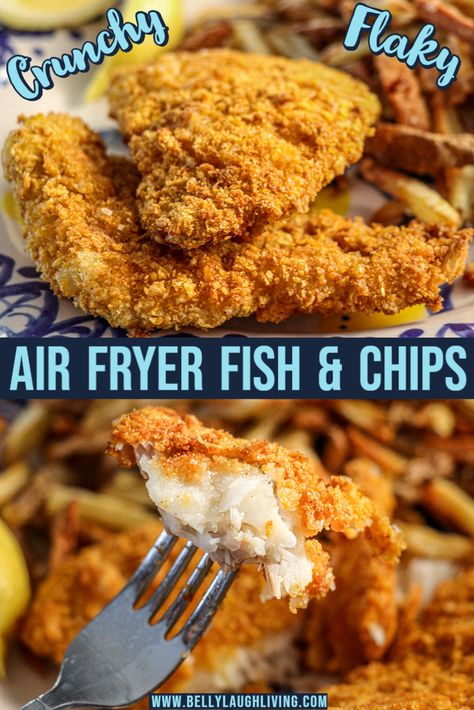 Air Fryer Fish And Chips, Crunchy Living, Fish And Chips Recipe, Easy Asparagus, Air Fried Fish, Air Fryer Fish Recipes, Fish N Chips Recipe, Air Fryer French Fries, Air Fryer Recipes Snacks