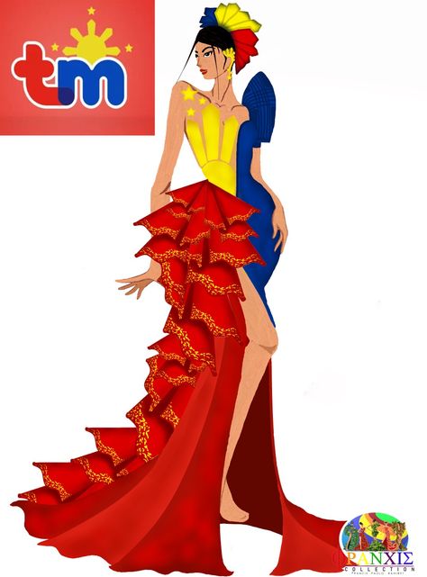 Filipiniana Dress Drawing, Philippines Dress, Modern Filipiniana Gown, Recycled Costumes, Modern Filipiniana Dress, Filipino Clothing, Flag Drawing, Philippines Fashion, Modern Filipiniana