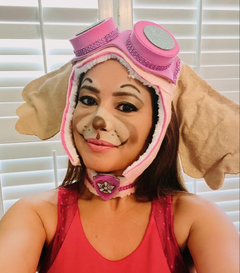 Pink Skye costume, aviator hat dog ears, collar Skye Makeup Paw Patrol, Paw Patrol Makeup, Skye Face Paint, Skye Halloween Costume, Face Paint Skye Paw Patrol, Sky Costume Paw Patrol, Diy Skye Paw Patrol Costume, Diy Skye Paw Patrol Costume Adult, Sky Paw Patrol Costume