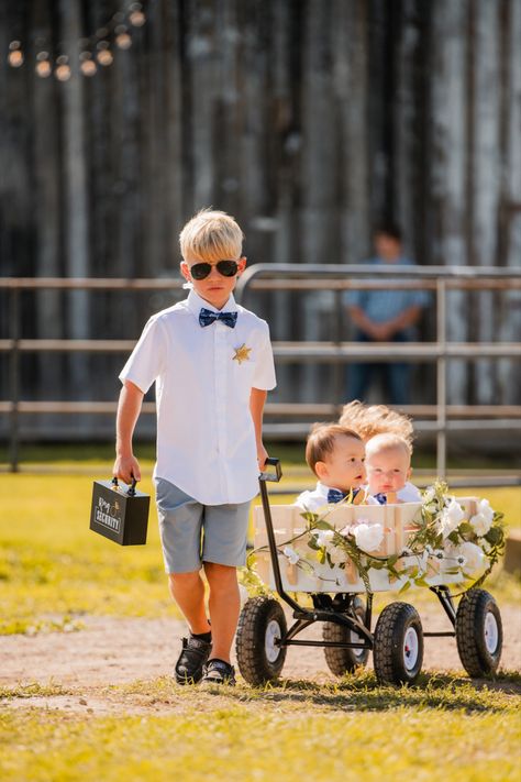 Wedding wagons and ring security sure did blend well on our day! 3 Ring Bearers Boys, Cute Ring Bearer Ideas, Baby Ring Bearer Ideas, Ring Bearer Wagon, Wedding Wagons, Ring Security Wedding, Wagon For Wedding, Ring Bearer Boy, Ring Boy